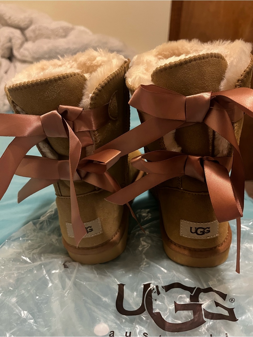UGG Women's Chestnut Suede Shearling Boots with Satin Back Bows - Chestnut